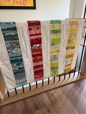 Hand Crafted Striped Patchwork Throw in Blue, Red, Green, and Yellow Cotton